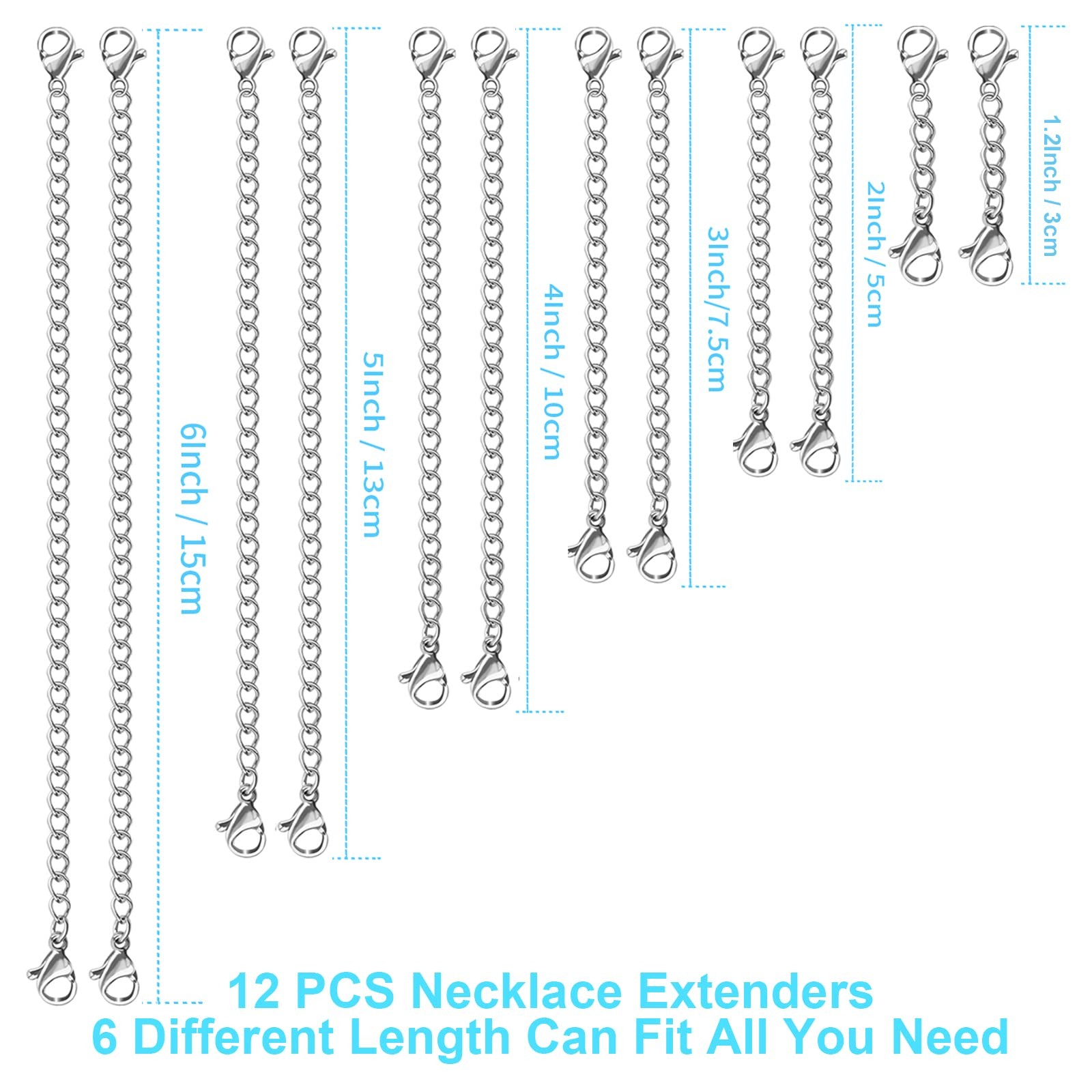12 PCS Necklace Extenders – Stainless Steel Necklace Extension Chain for Jewelry