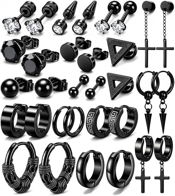 16 Pairs Stainless Steel Earrings Set for Men Stud Hoop Cross Dangle Jewelry