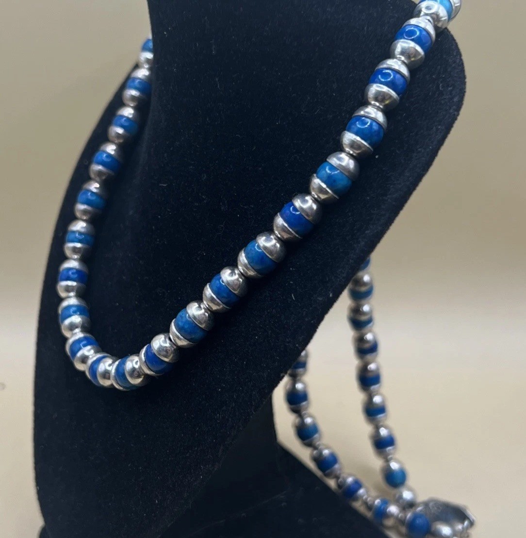 Taxco Mexico Blue Turquoise Bead Set Sterling Silver Necklace 22.5in (55.1g)