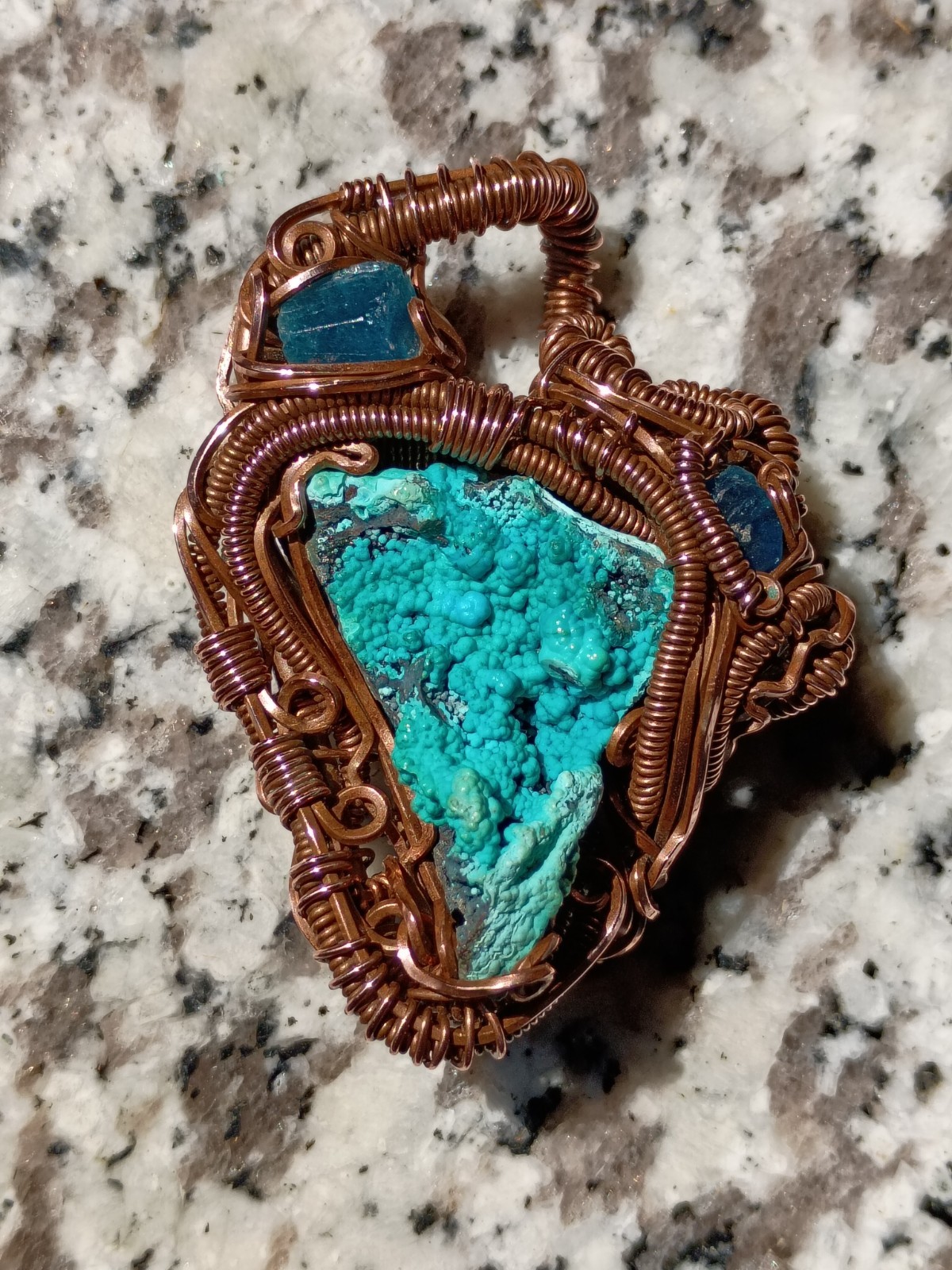 Handcrafted Wire Wrapped Natural Chrysocolla Apatite Copper Amulet Pendant