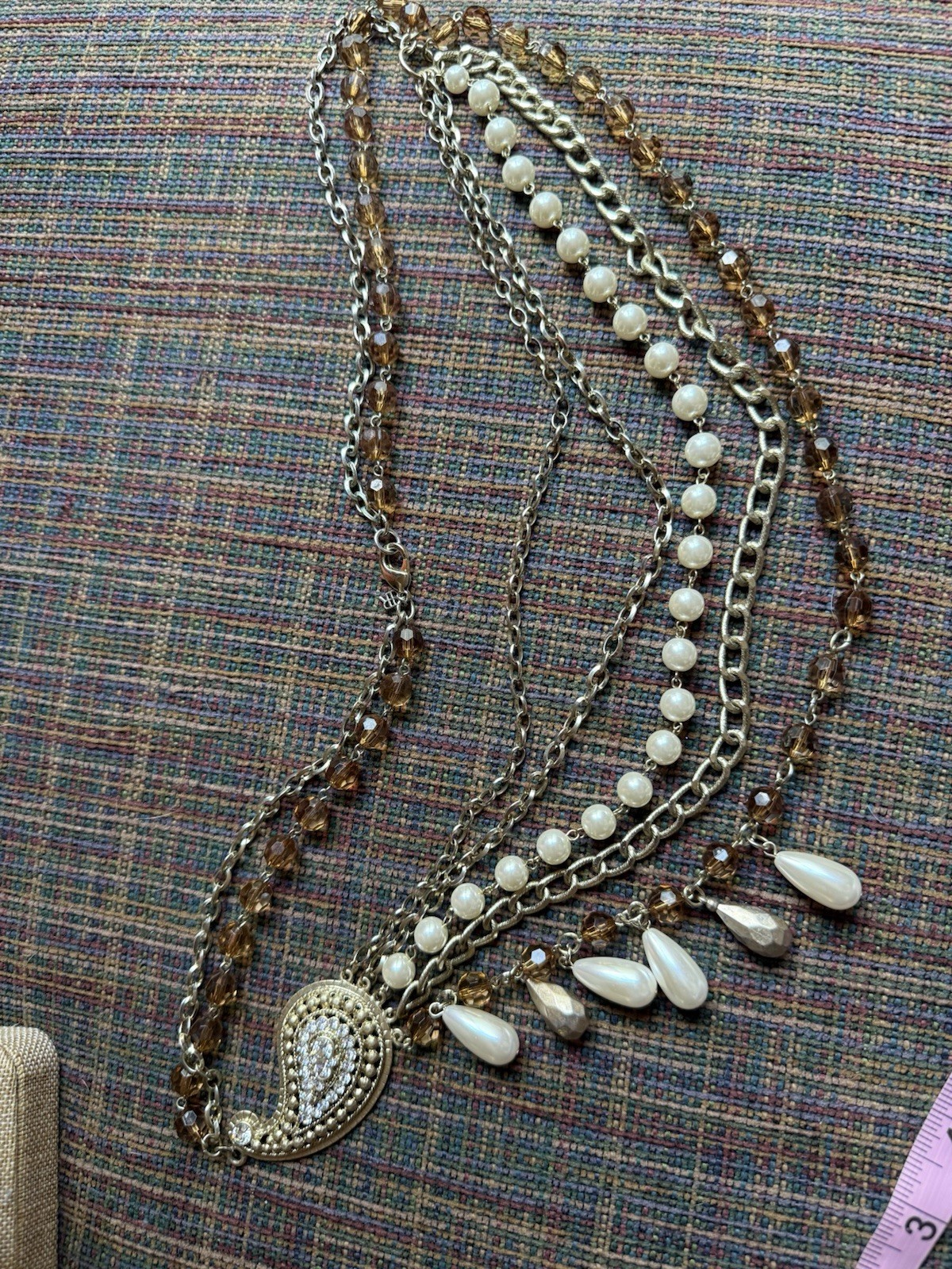 Banana Republic Multi-Strand Statement Necklace, Pearl Amber, Rhinestone Paisley