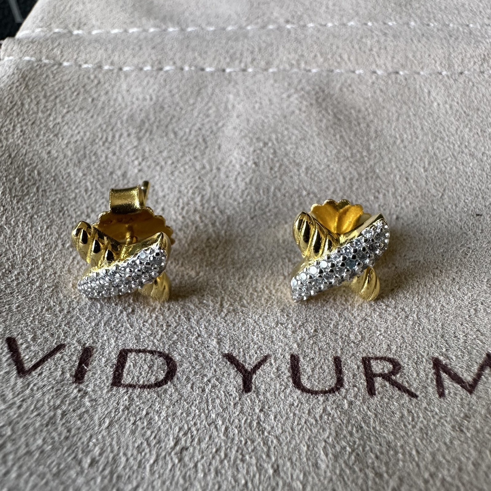 David Yurman Two Tone Cable Crossover Studs 925 Silver 18K Gold Diamond Earrings