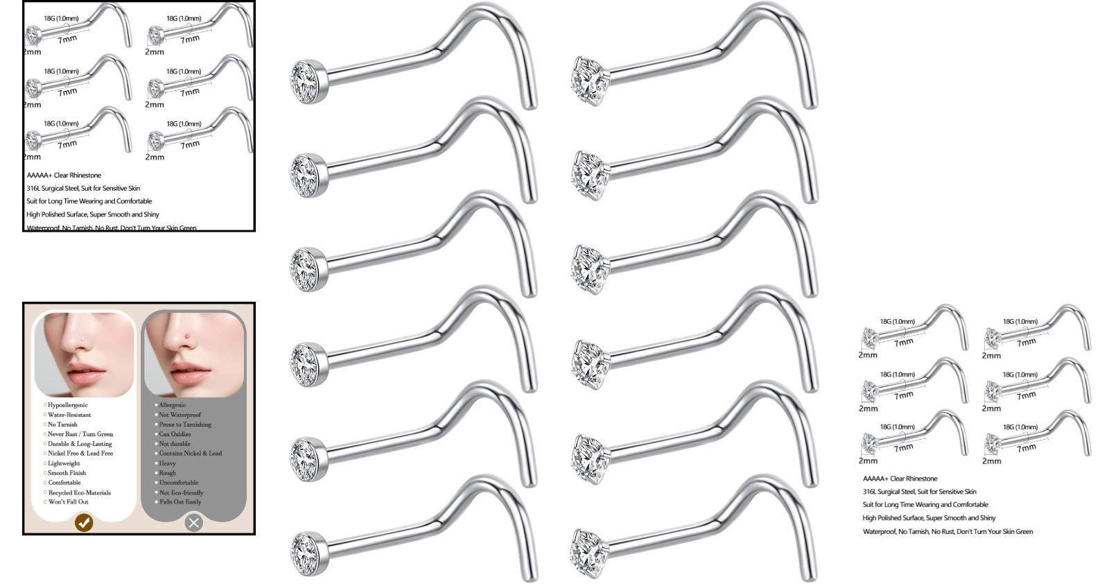 Versatile 12Pcs Nose Piercing Studs – Smooth Surgical Steel & Rhinesone Designs