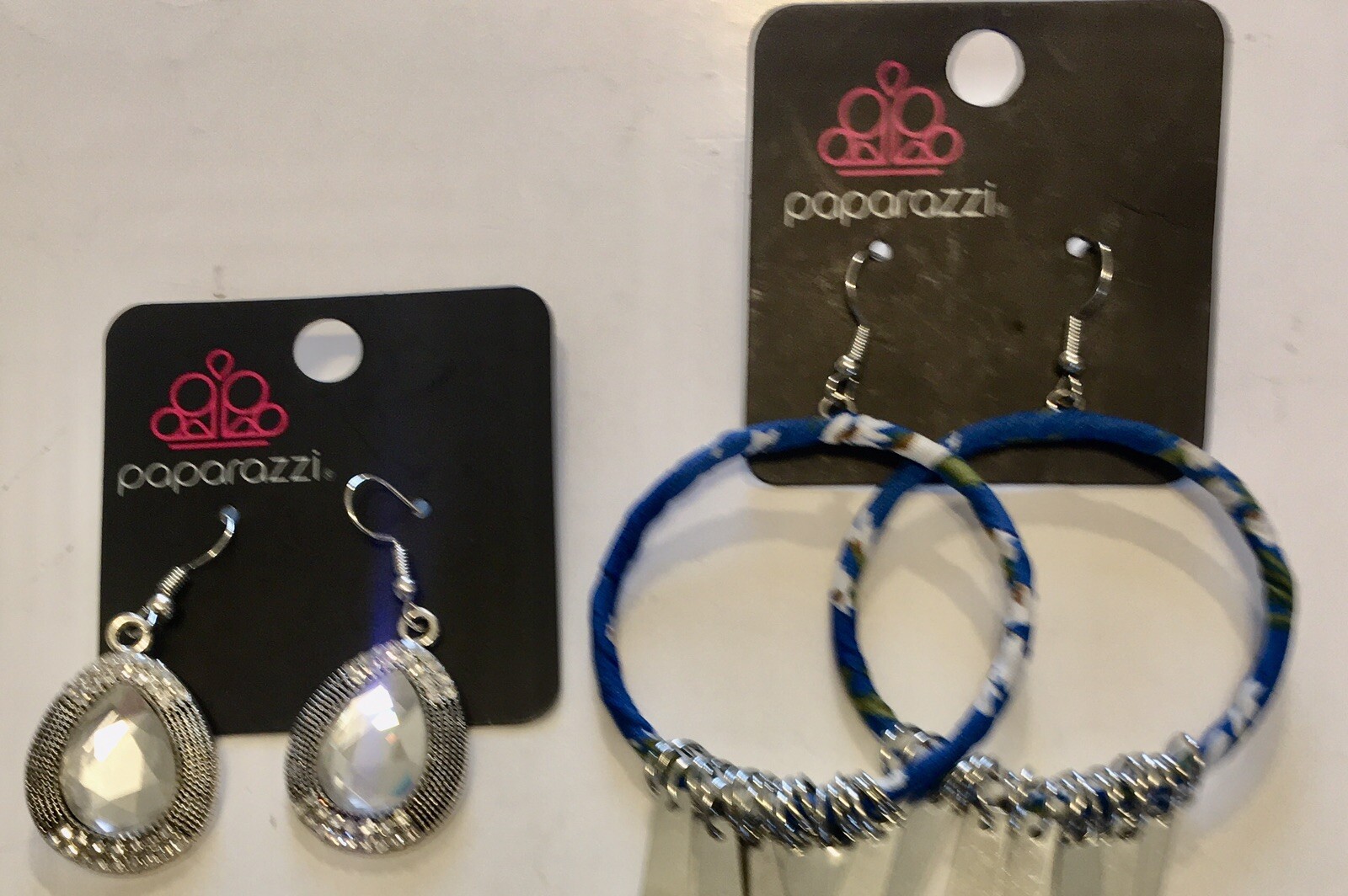 Two Pairs Paparazzi: Princess Blue And Sliver Diamond Earrings