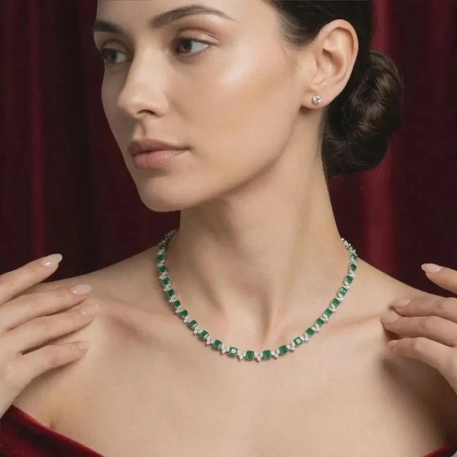 Lab-created 55ctw Emerald Diamond Tennis Necklace 14K White Gold plated