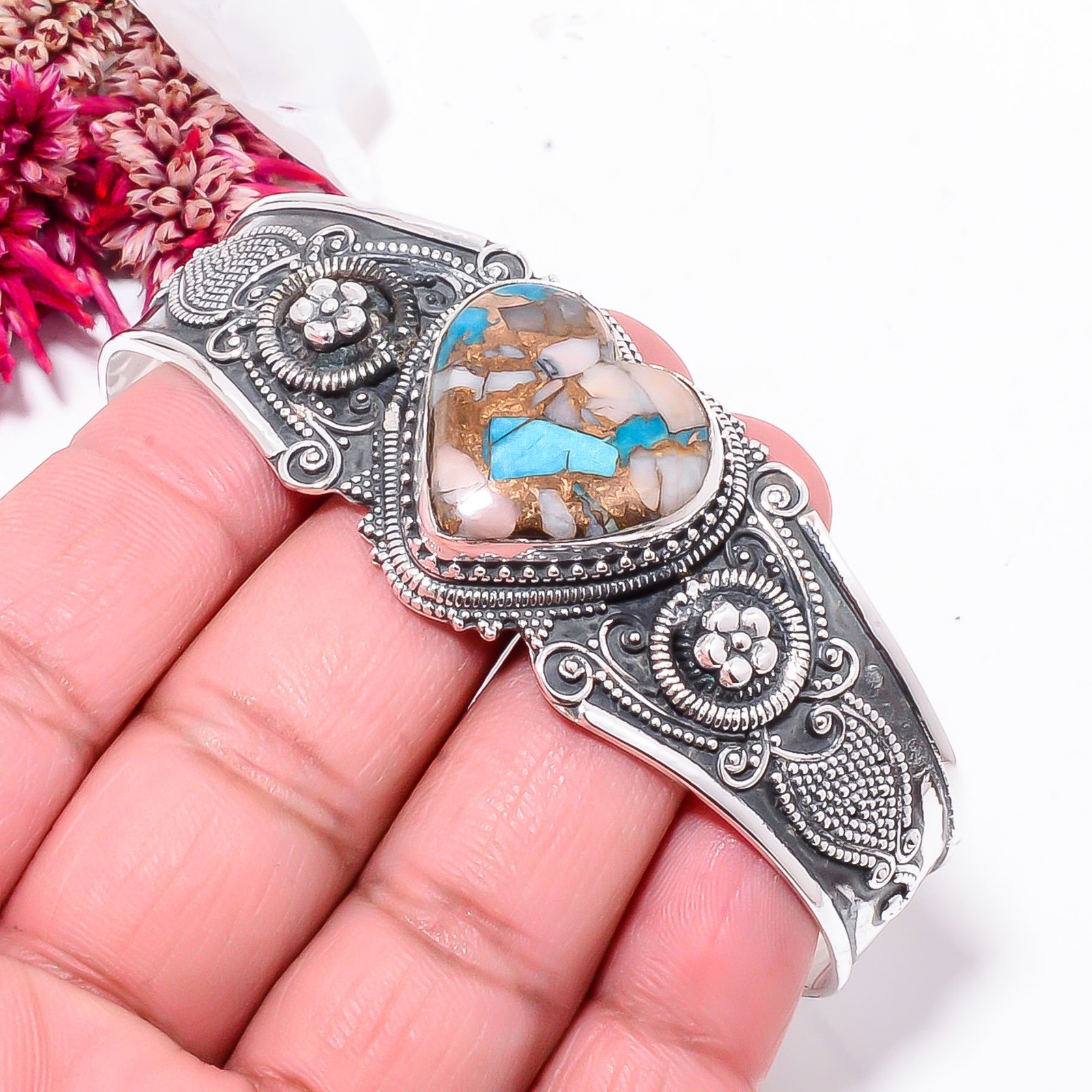 Copper Pink Opal Kingman Blue Turquoise 925 Sterling Silver Bali Cuff|C968458444