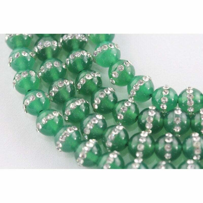 Green Agate /w Rhinestone Round Beads 6mm 8mm 10mm 15.5″ Strand