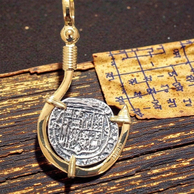 Atocha Fish Hook Silver Coin Pendant 14k Gold Overlay Shipwreck Certificate