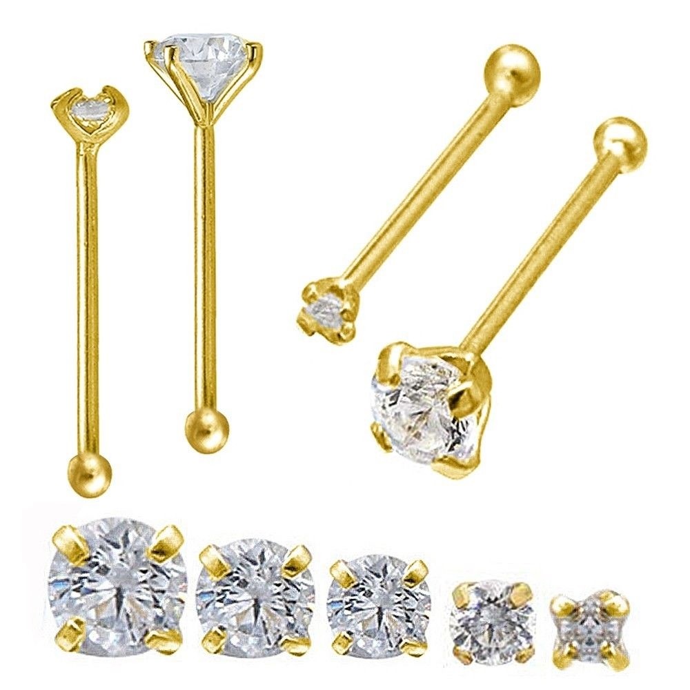 14k Yellow Gold or White Gold 24G Bone Nose Ring with Prong Set Round CZ 1-3 MM