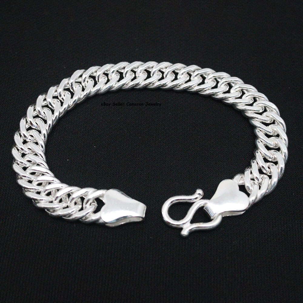Pure S999 Fine Silver 999 Chain Men 11mm Solid Curb Link Bracelet 47-48g 7.9inch