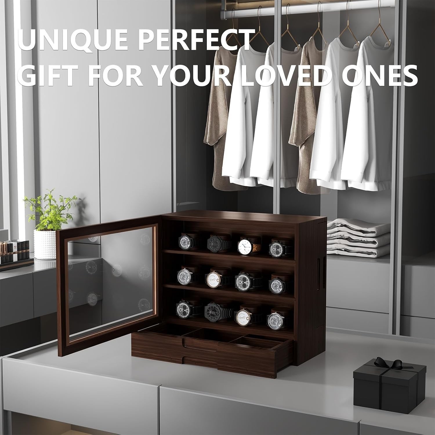 Stylish 12 Watch Jewelry Organizer with Polished Walnut Finish and Clear Window