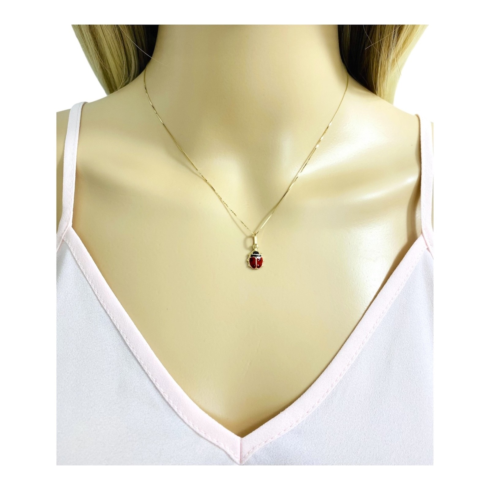 14K Solid Yellow Gold Ladybug Lucky Pendant Necklace – 0.5mm Box Chain- PT505