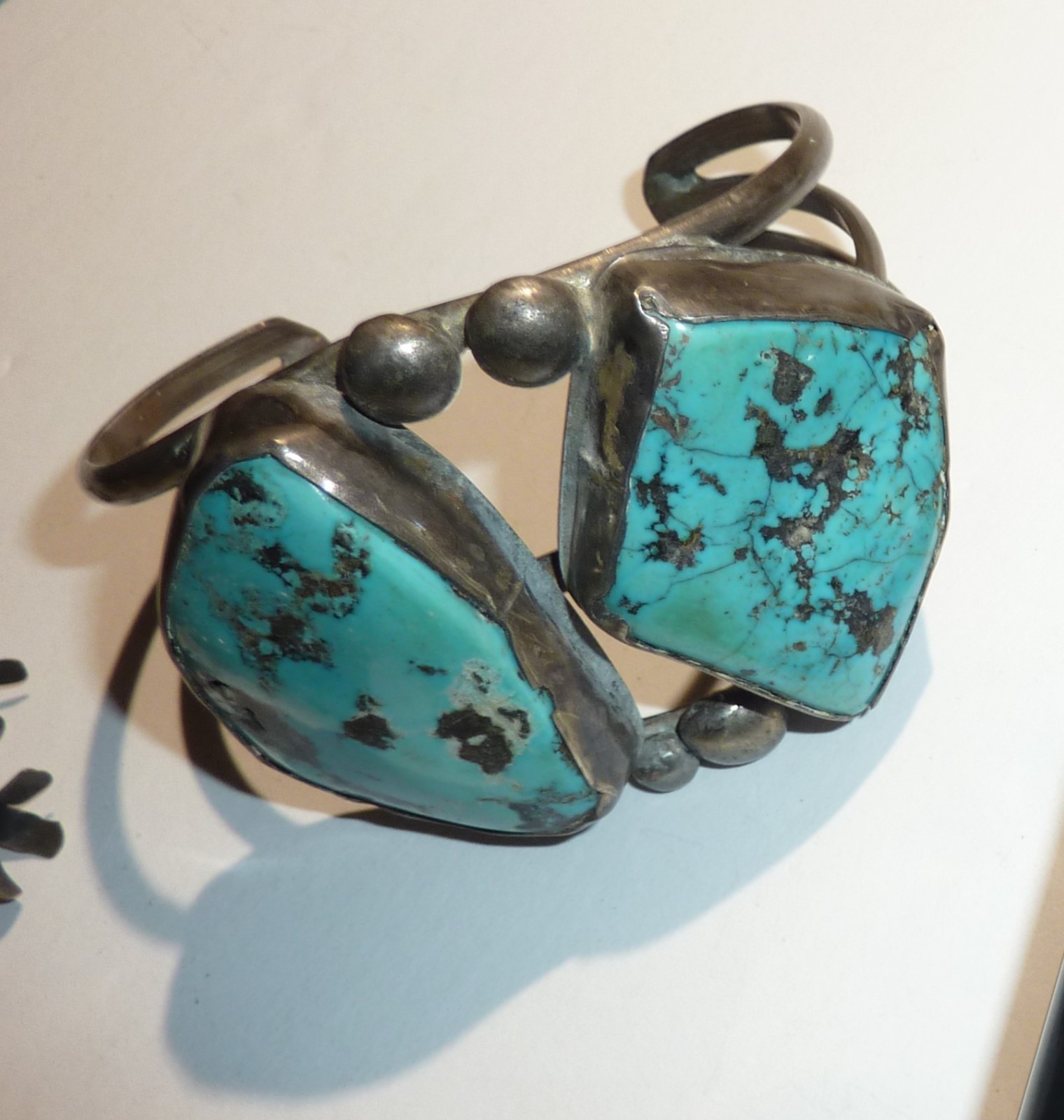 Vintage Navajo Bracelet Morenci Turquoise Silver Double Slab No Mark 91 gr
