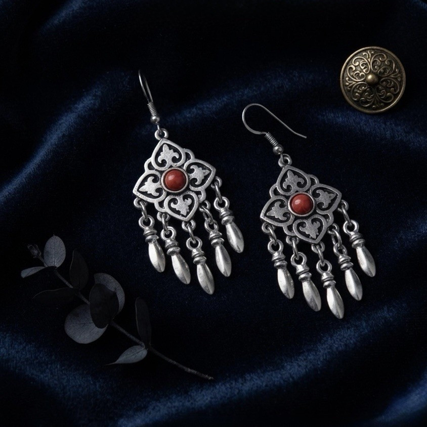 Silver Tone Metal Asymmetrical Dangle Drop Hook Earrings Red Round Cabochon