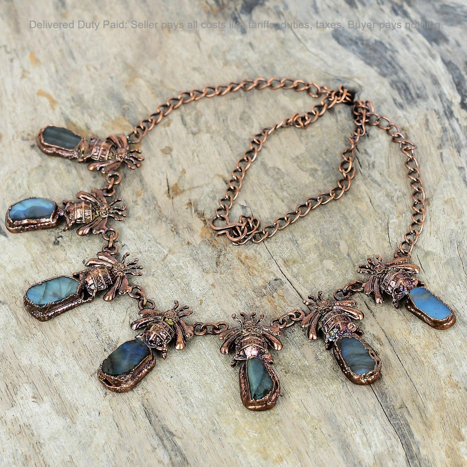 Copper Natural Labradorite Rough Chain Electroformed And Honey Bee Wife Necklace
