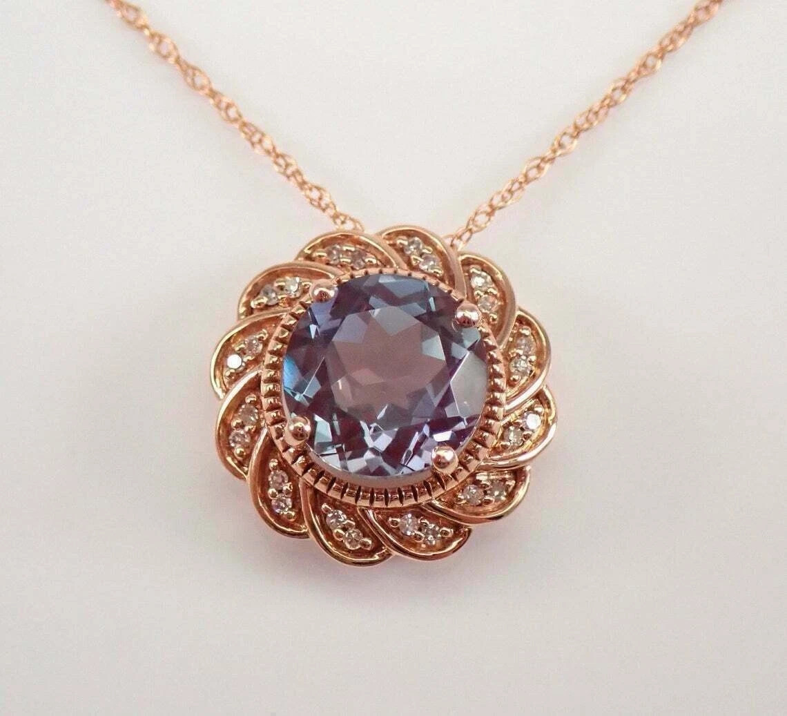 2Ct Round Cut Alexandrite Diamond Halo Pendant 14K Rose Gold Over “18 Free Chain