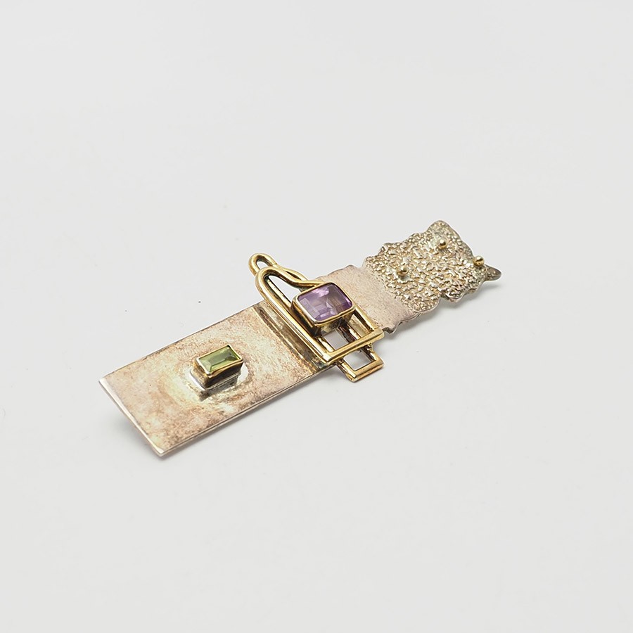 YES Studio sterling silver amethyst peridot abstract modern vintage bar pin