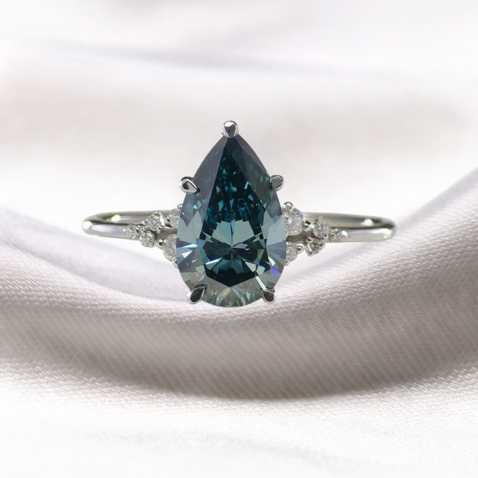 Fancy Intense Blue 2.15 CT Pear Cut Lab Grown Diamond Women Ring 14K White Gold