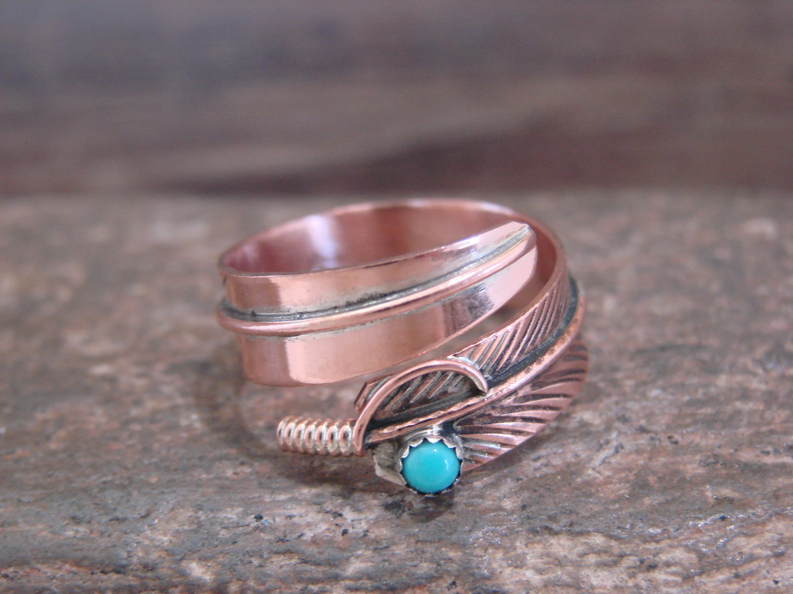 Native American Copper & Turquoise Adjustable Feather Ring Signed Davis