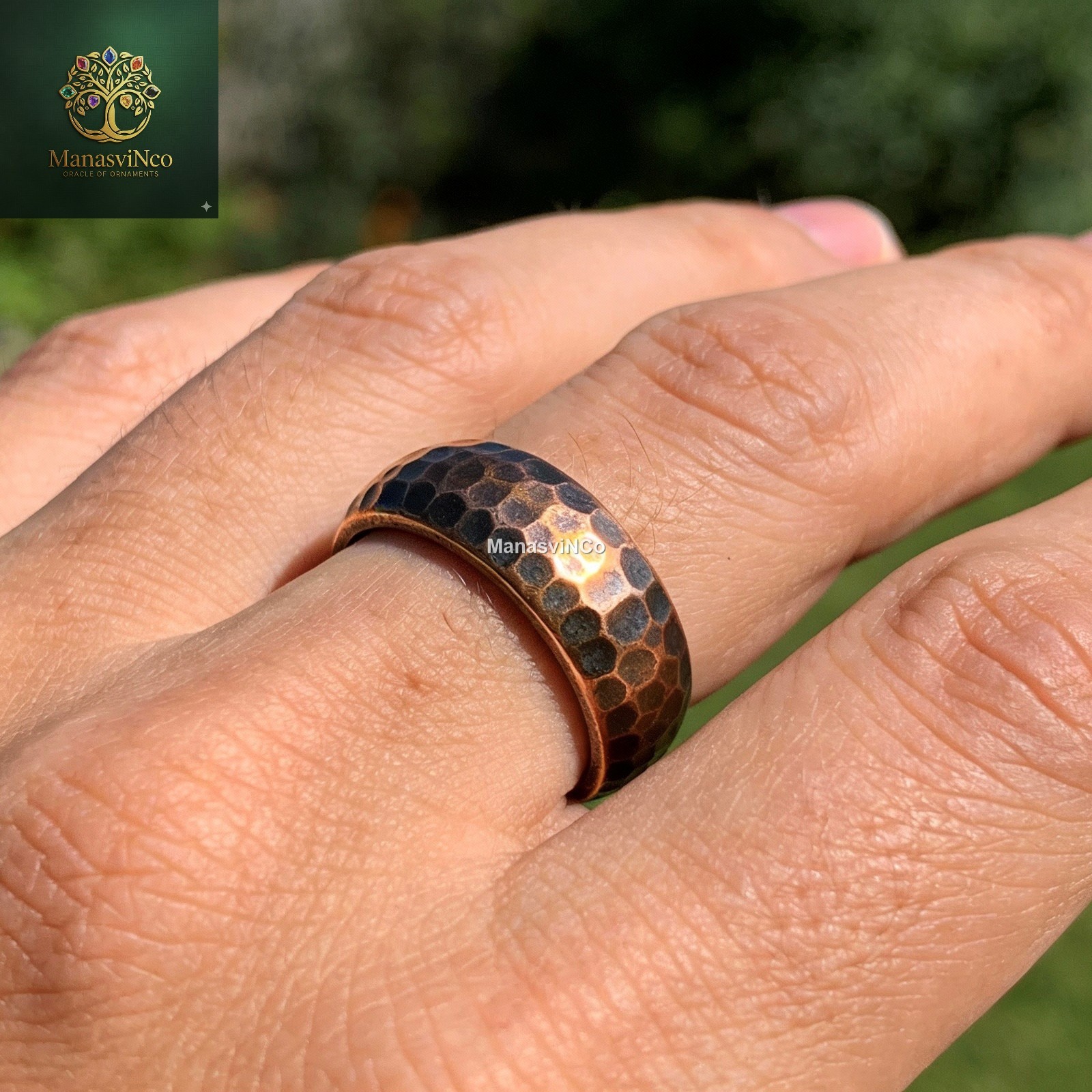 Antique Hammered Copper Patina Ring, Half Round Rustic Band, Handmade Jewelry