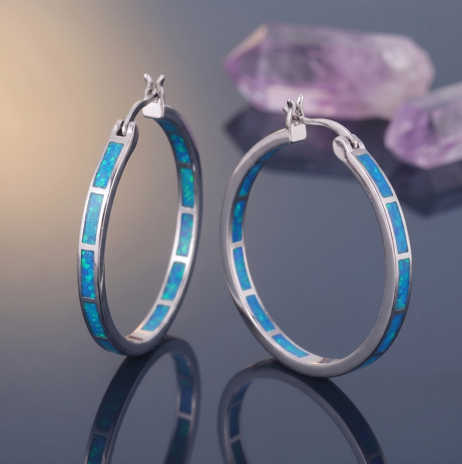 2PCS Blue Gemstone Hoop Earrings Huggie Drop Dangle Fashion Jewelry Women Gift