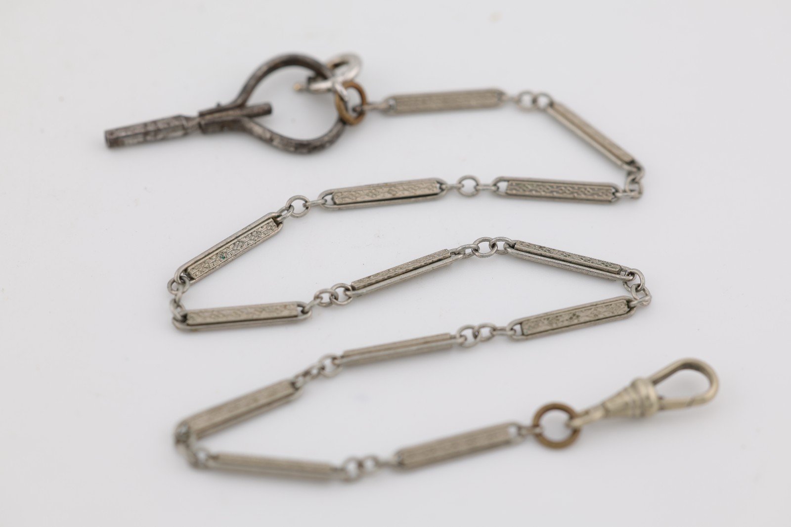 WHITE GOLD FILLED PANEL LINK POCKET WATCH CHAIN 34cm, 3mm WIDE (A17)