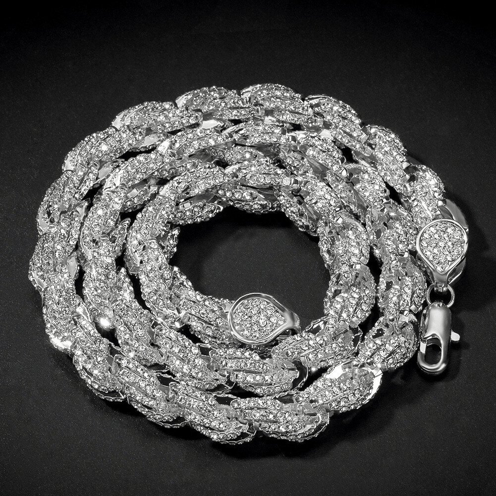 9mm White Gold Plated Iced Out CZ Rope Chain Necklace for Men Hip Hop Jewelry
