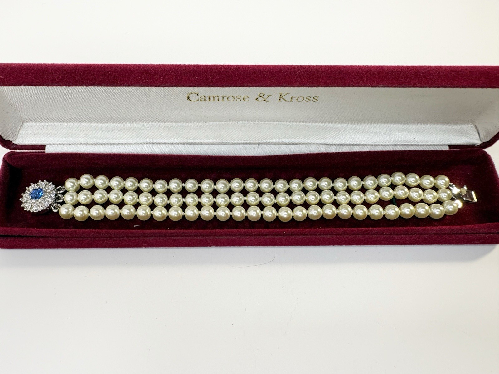 Camrose & Kross Jackie Kennedy 3 Strand Glass Pearl Bracelet Swarovski Clasp Box
