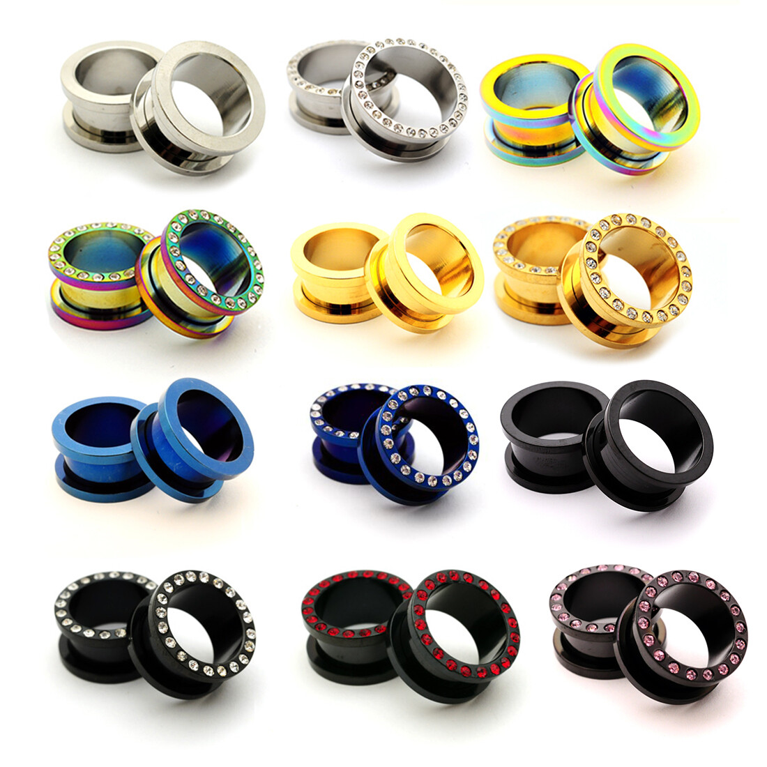 Pair Steel Screw On Tunnels CZ plugs gauges Choose Size Color