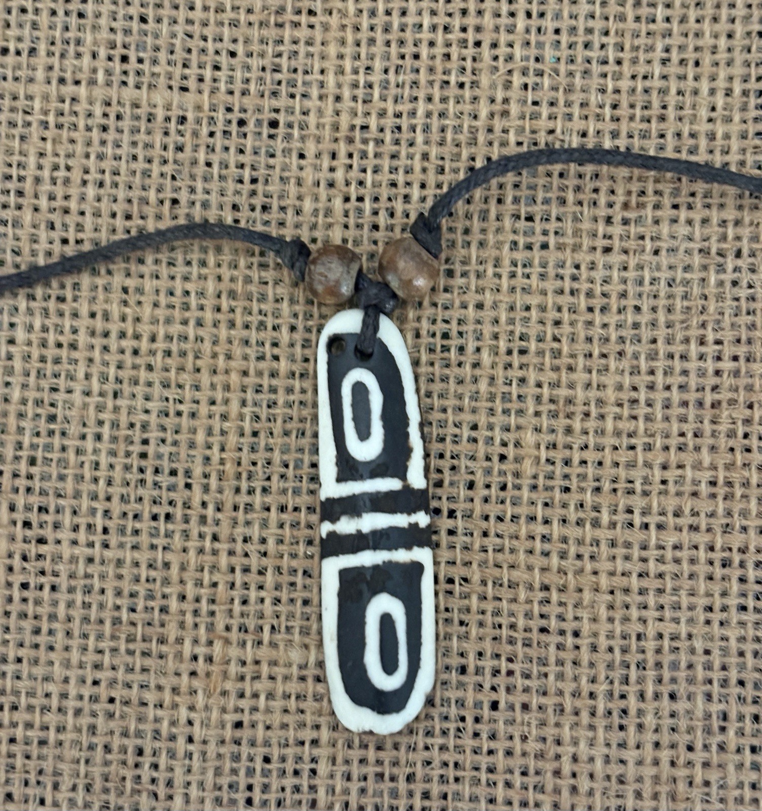 Rectangle Pendant Necklace Black Cord Black White Brown Beaded Adjustable Tie