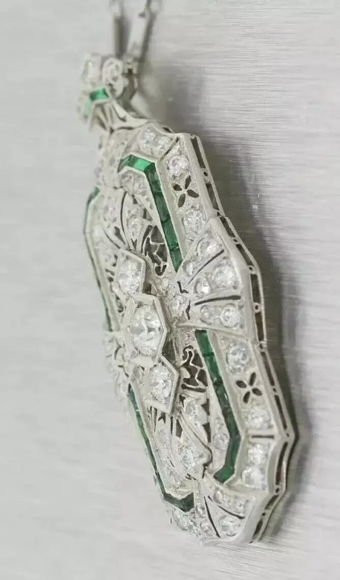 3.9Ct Art Deco Style Lab Created Diamond & Emerald Engagement 925 Silver Pendant