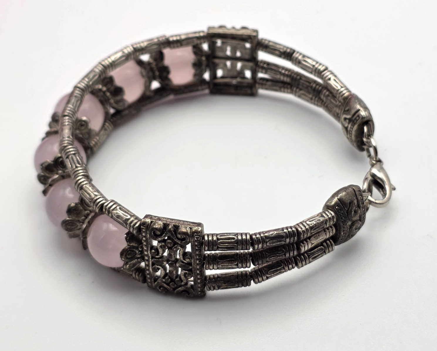 Rose Quartz Bead Bracelet Silver Tone Multi Strand Butterfly Bali Style 6.5in