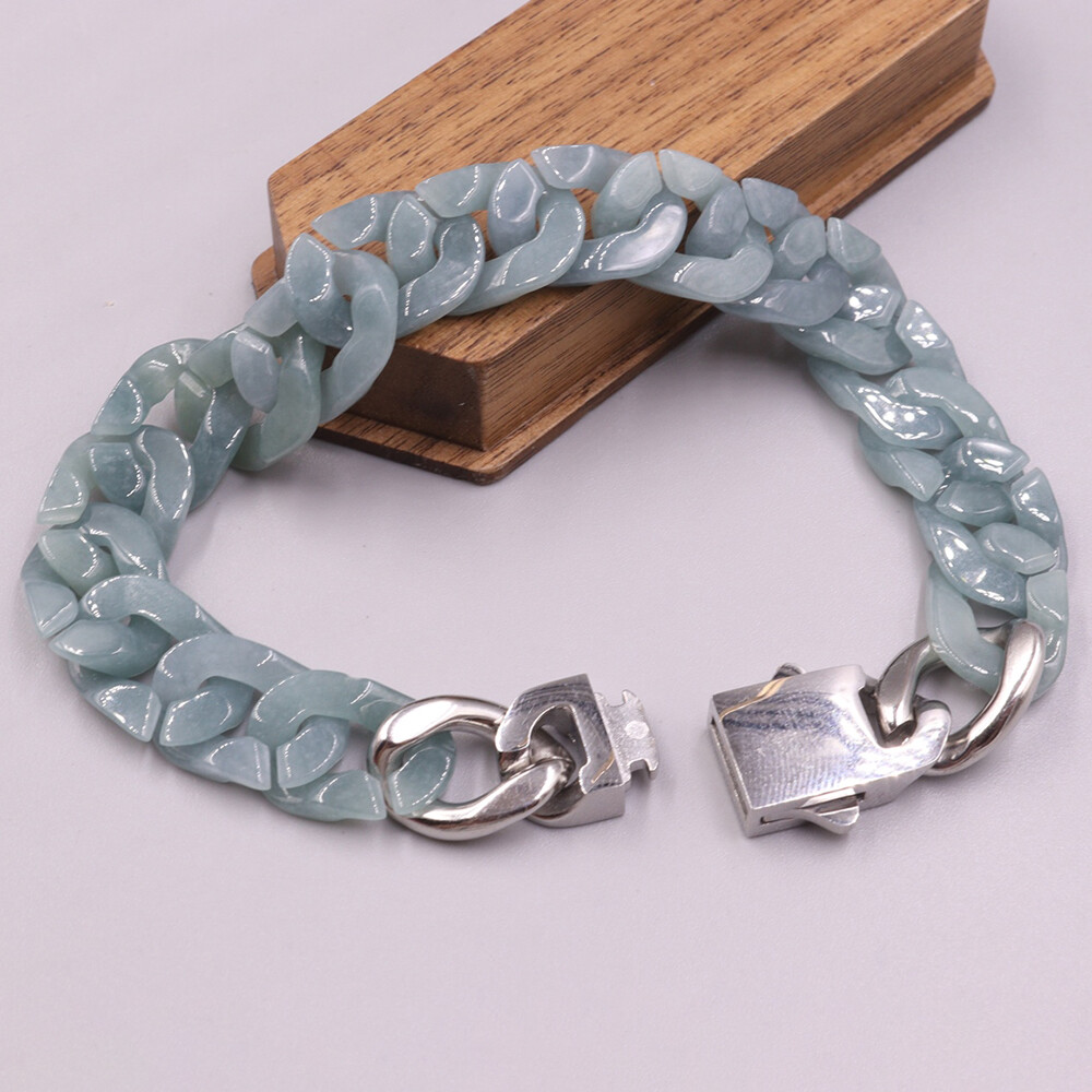 Real Grade A Natural Blue Jade Bracelet Jadeite Cuban Curb Link Chain 5.9-9.4in