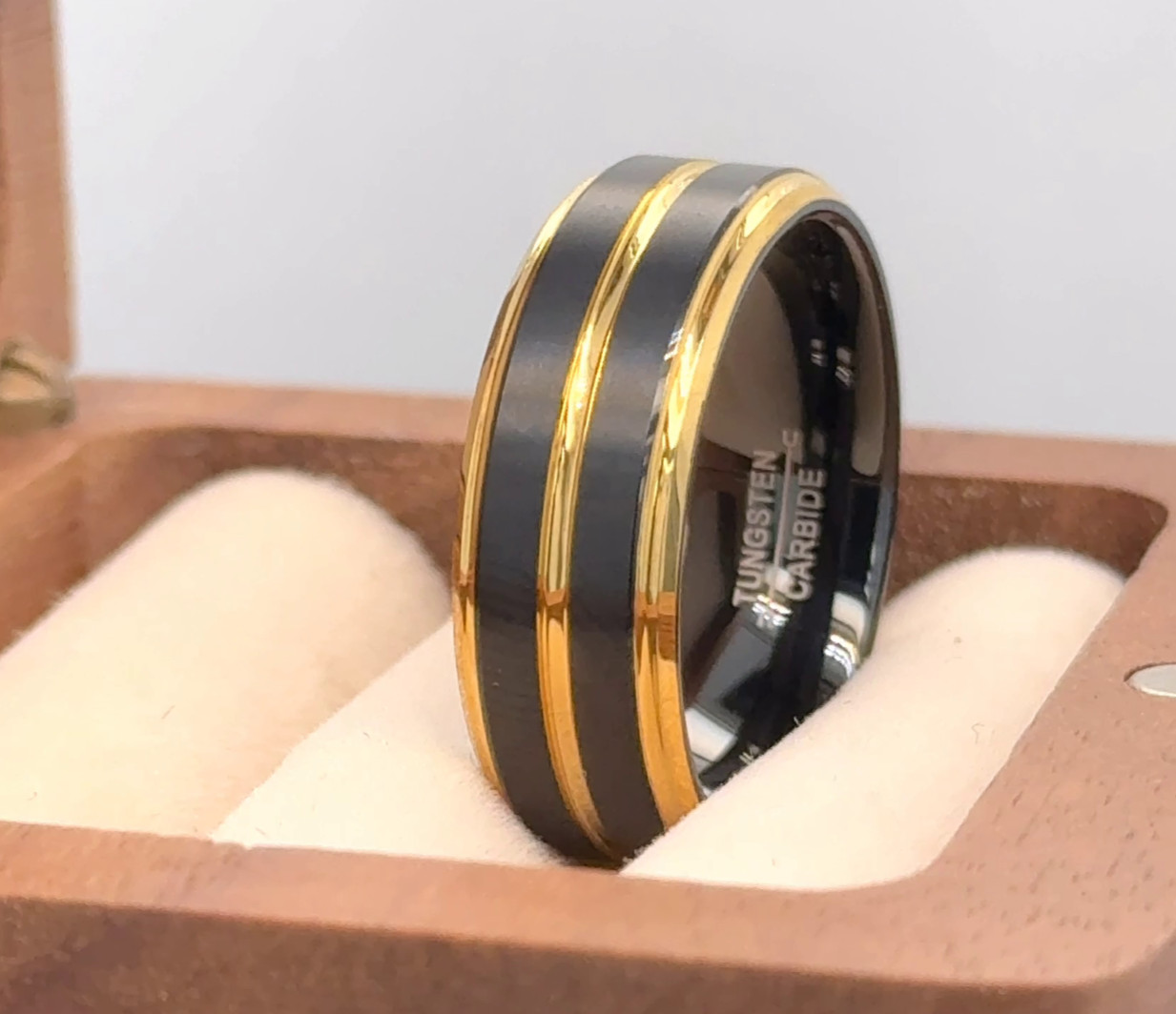 Black Ion Plated Gold Pinstripe Tungsten Ring Gift Ring For Women Stylish Band