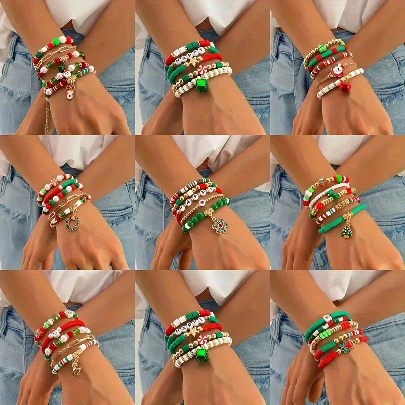 4 Sets Stackable Stretch Christmas Beaded Bracelets Holiday Party Gifts