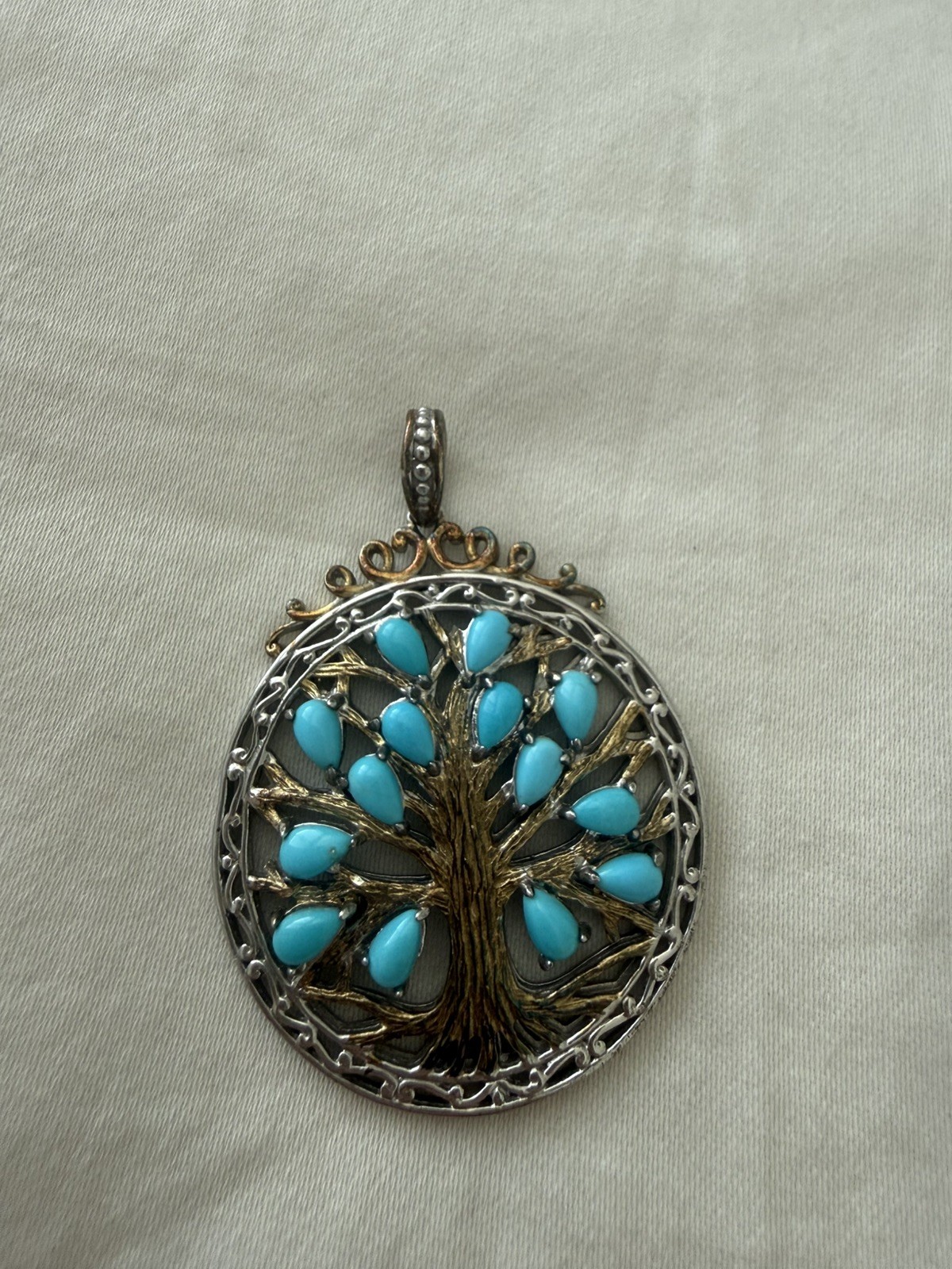 Arizona Sleeping Beauty Turquoise Pear Tree Of Life Two-tone Pendant.