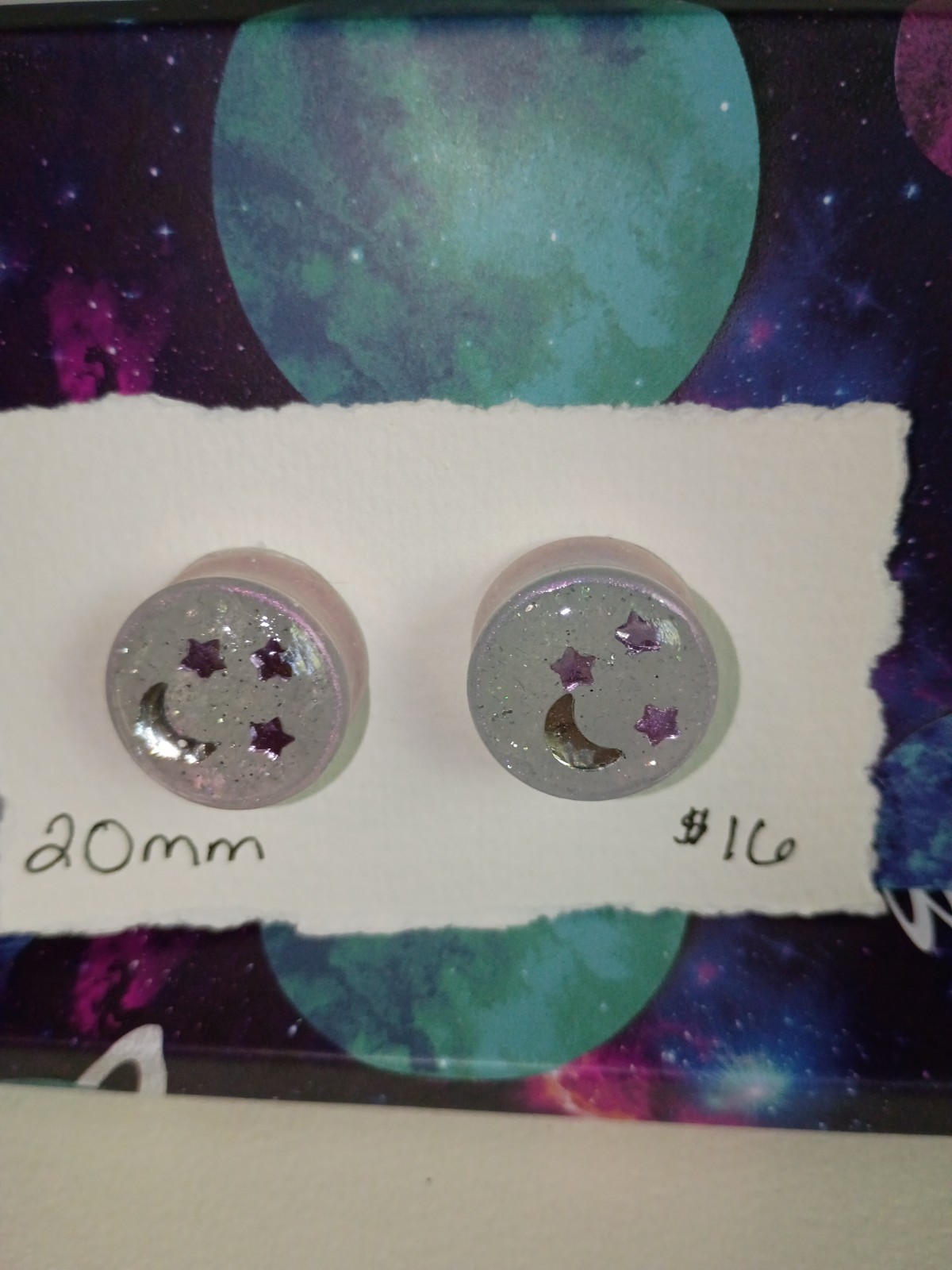 20mm Handmade Lavender Glitter Moon & Stars Resin Ear Gauges | Celestial Plugs