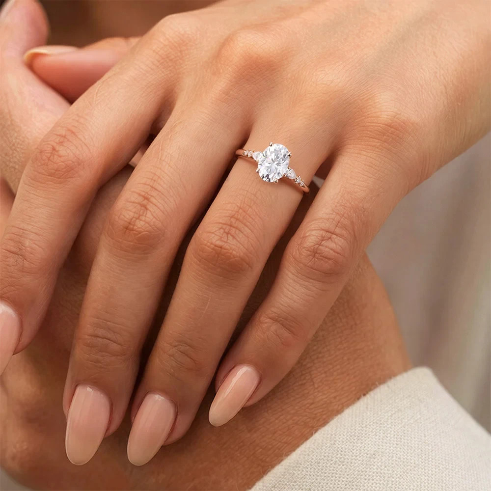1.50 CT Oval Moissanite Solitaire with Accents Wedding Ring 14K Rose Gold Plated