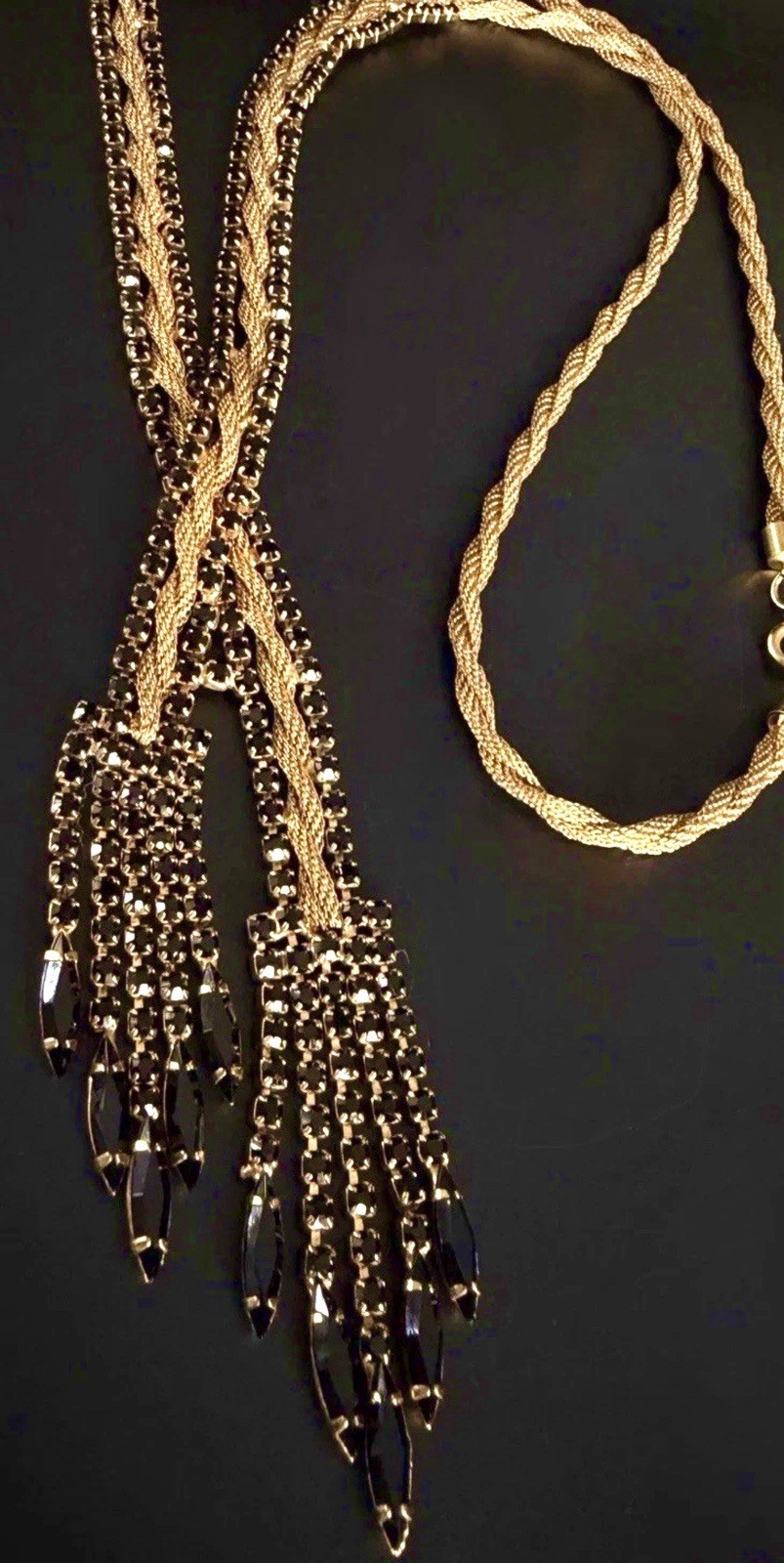 Vtg 50’s 60’s Fixed Lariat Waterfall Necklace Gold Mesh Black Rhinestone Tassel!