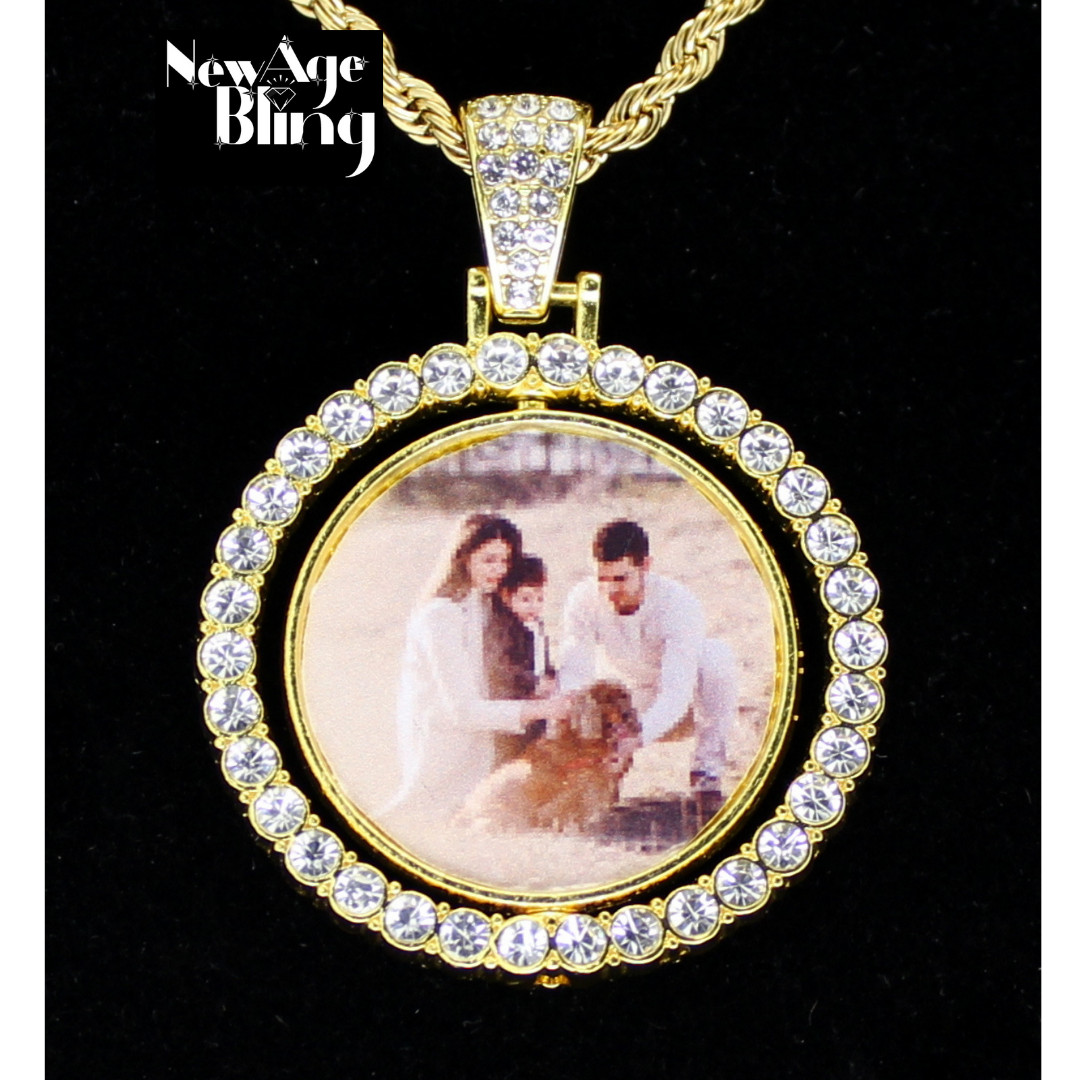 Picture Spinner Photo CZ 2 Sided Pendant Gold Plated Stainless Steel Necklace