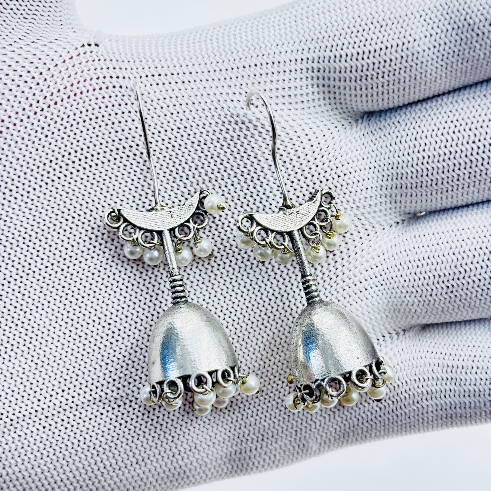 Oxidized Silver Plated Jhumka Earrings with Artificial Pearl Hook Dangle Jewelry