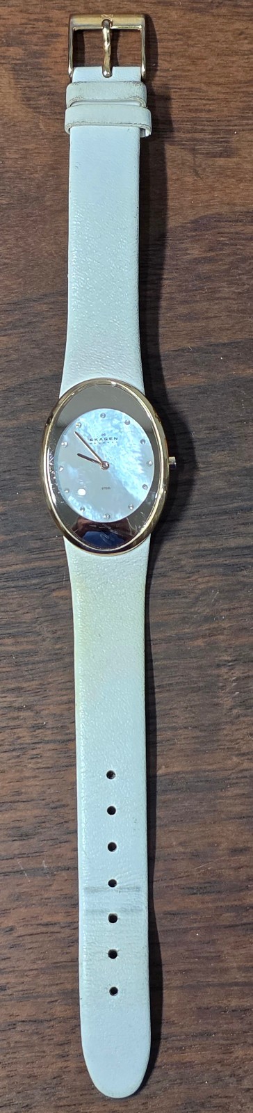 Skagen Denmark White Leather & MOP Inlay Women’s Watch 648SRLW Japan Quartz
