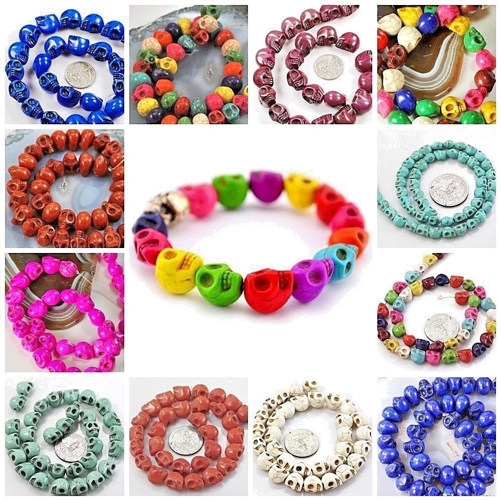 Halloween Decor Howlite Skull Magnesite Turquoise Pumpkin Beads 15″ Bracelet
