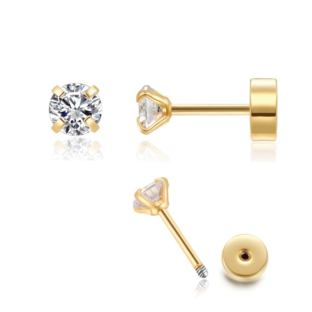 4mm CZ Flat Screw Back Stud Earrings,14K Gold Small Cubic Zirconia Earrings for