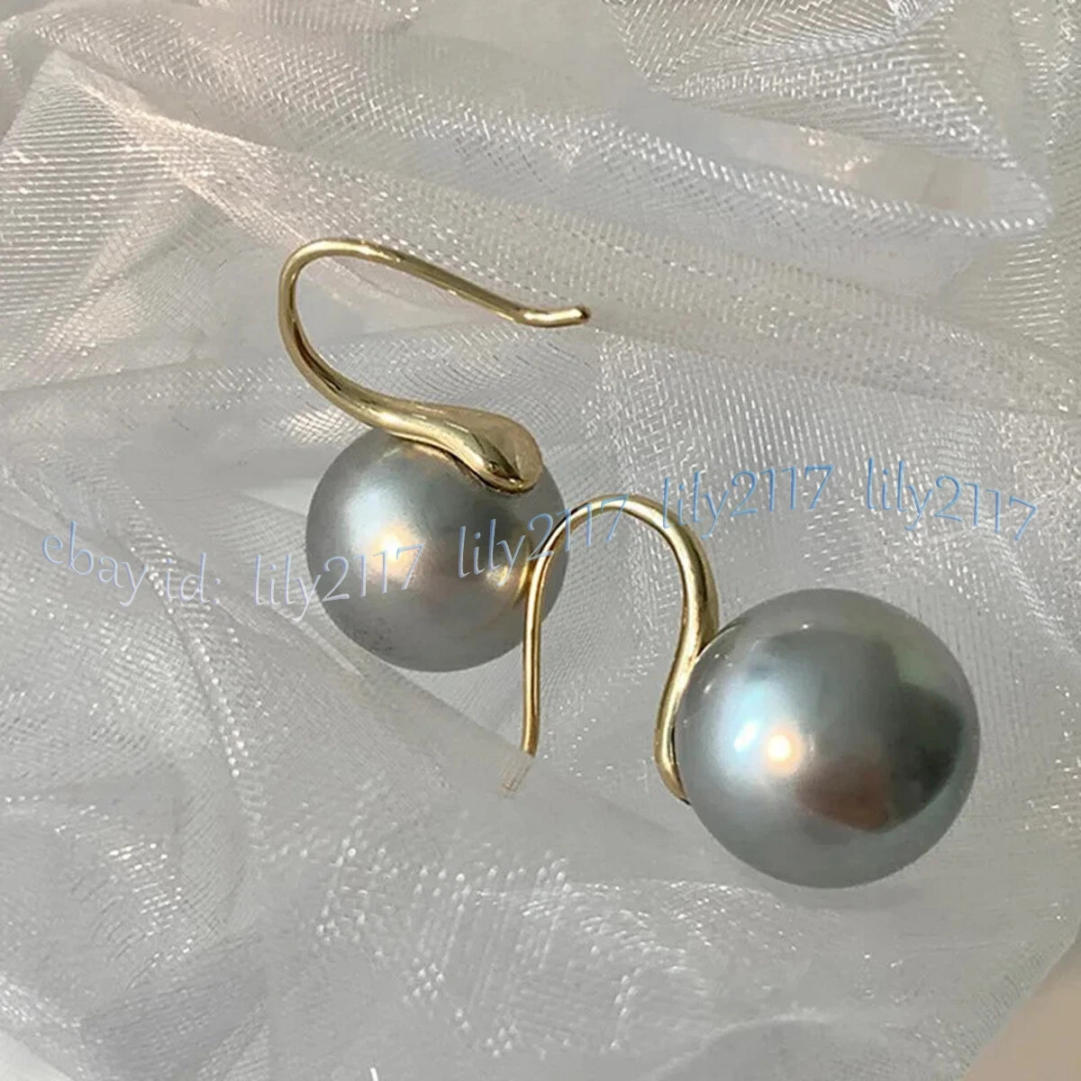 Perfect Round AAA Silver Gray Akoya Real Natural Pearl Dangle Gold Hook Earrings