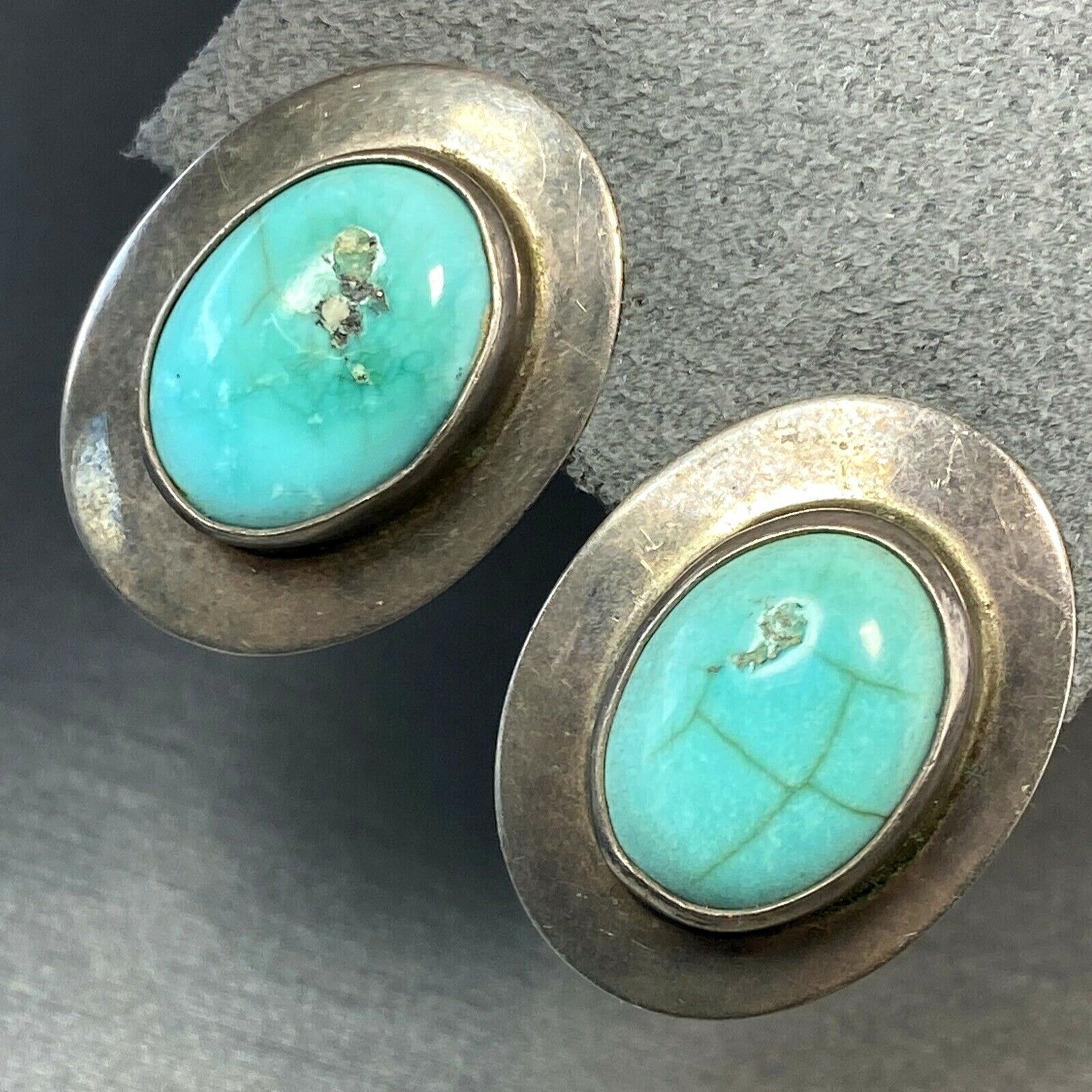 Vintage Modernist Clip-On Earrings Turquoire Sterling Estate Fine Jewelry PreOwn