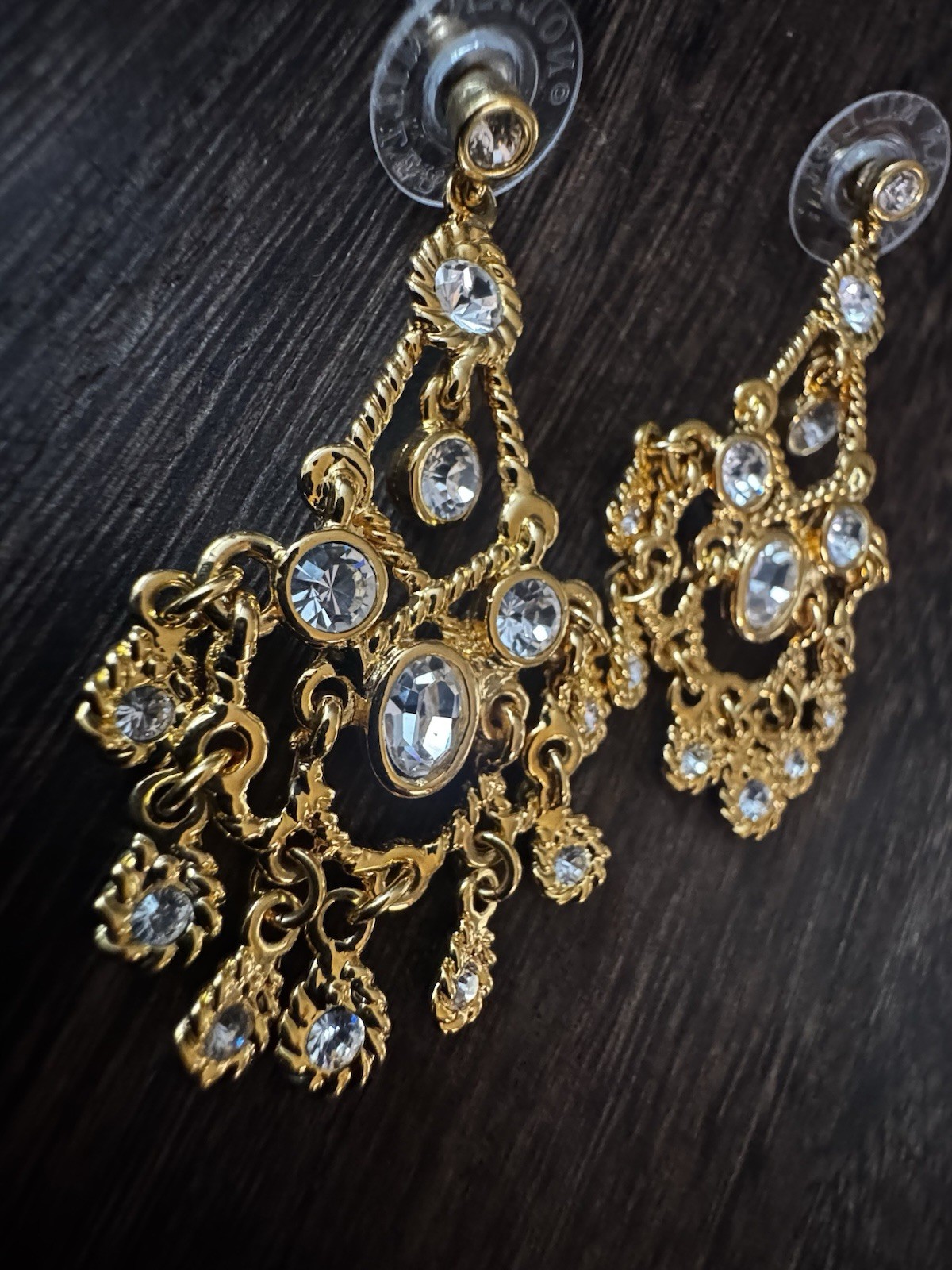 Gold Tone Chandelier Dangle Earrings Simulated Crystal Rhinestones Signed