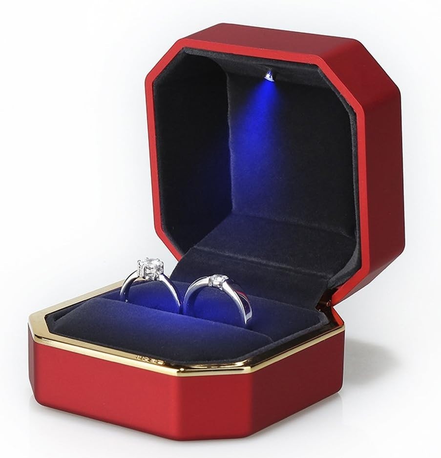 Luxurious Red Velvet Ring Box with LED Light for Engagement & Wedding Ceremonies
