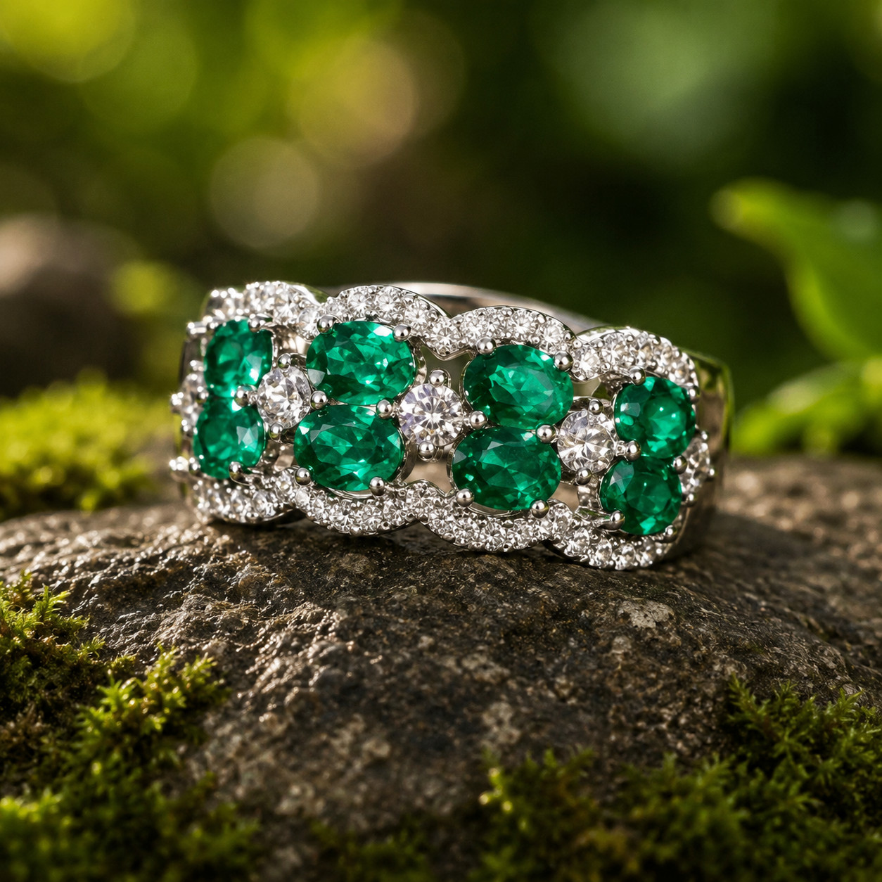 2.60Ct Oval Lab Created Green Emerald Wedding Band Ring 14K White Gold Plated