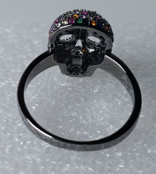 Gothic Skeleton Skull Ring Multi-Color Crystal Black Gunmetal Tone Finish Size 7